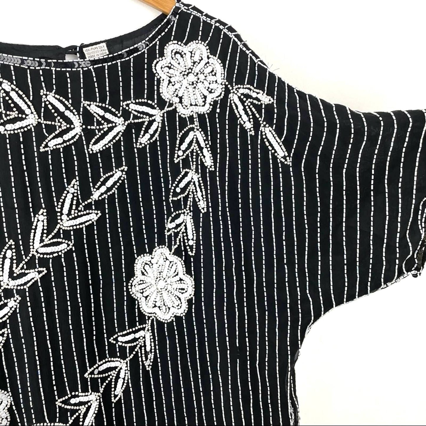 Vintage 100% Silk Beaded Floral Top Black & White