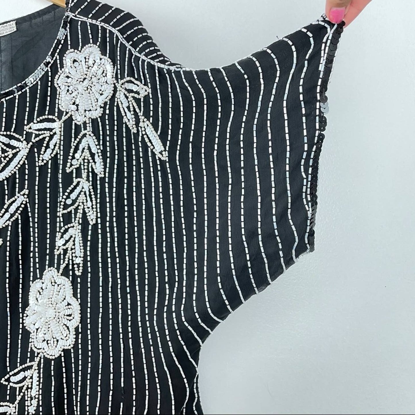 Vintage 100% Silk Beaded Floral Top Black & White