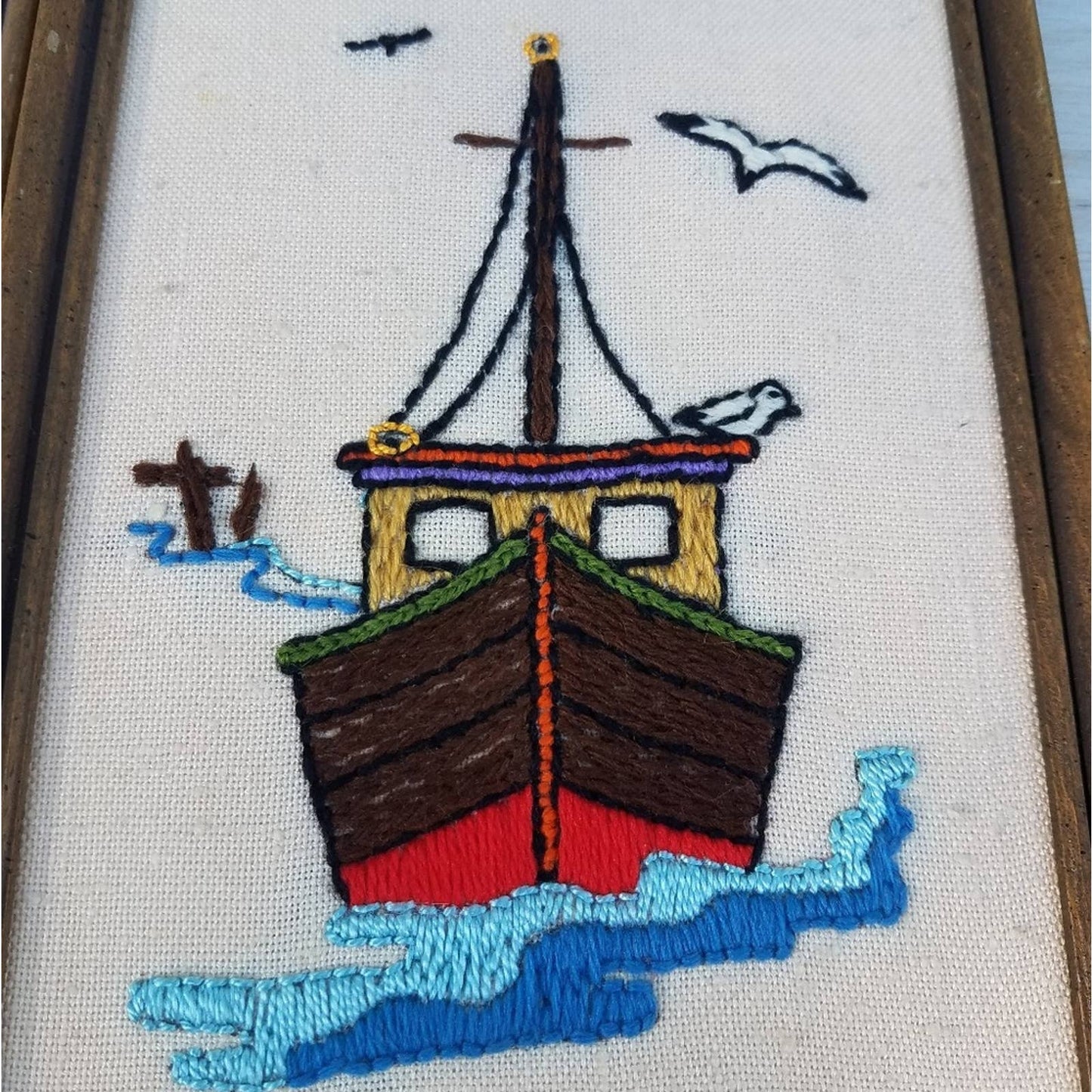 Vintage 70s Handmade Needlepoint Trolley & Boat