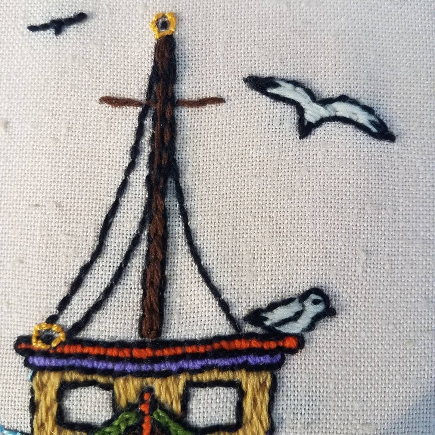 Vintage 70s Handmade Needlepoint Trolley & Boat