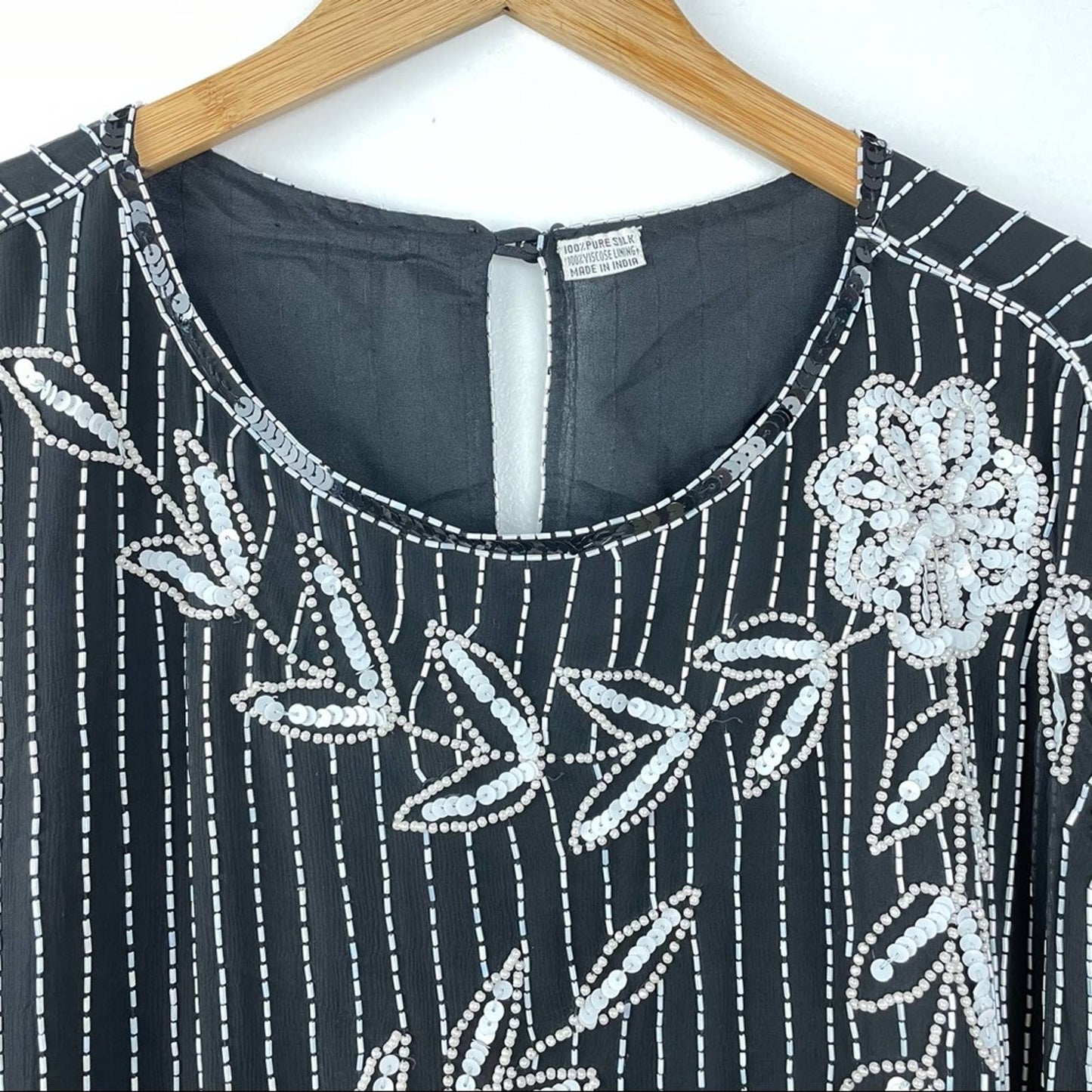 Vintage 100% Silk Beaded Floral Top Black & White
