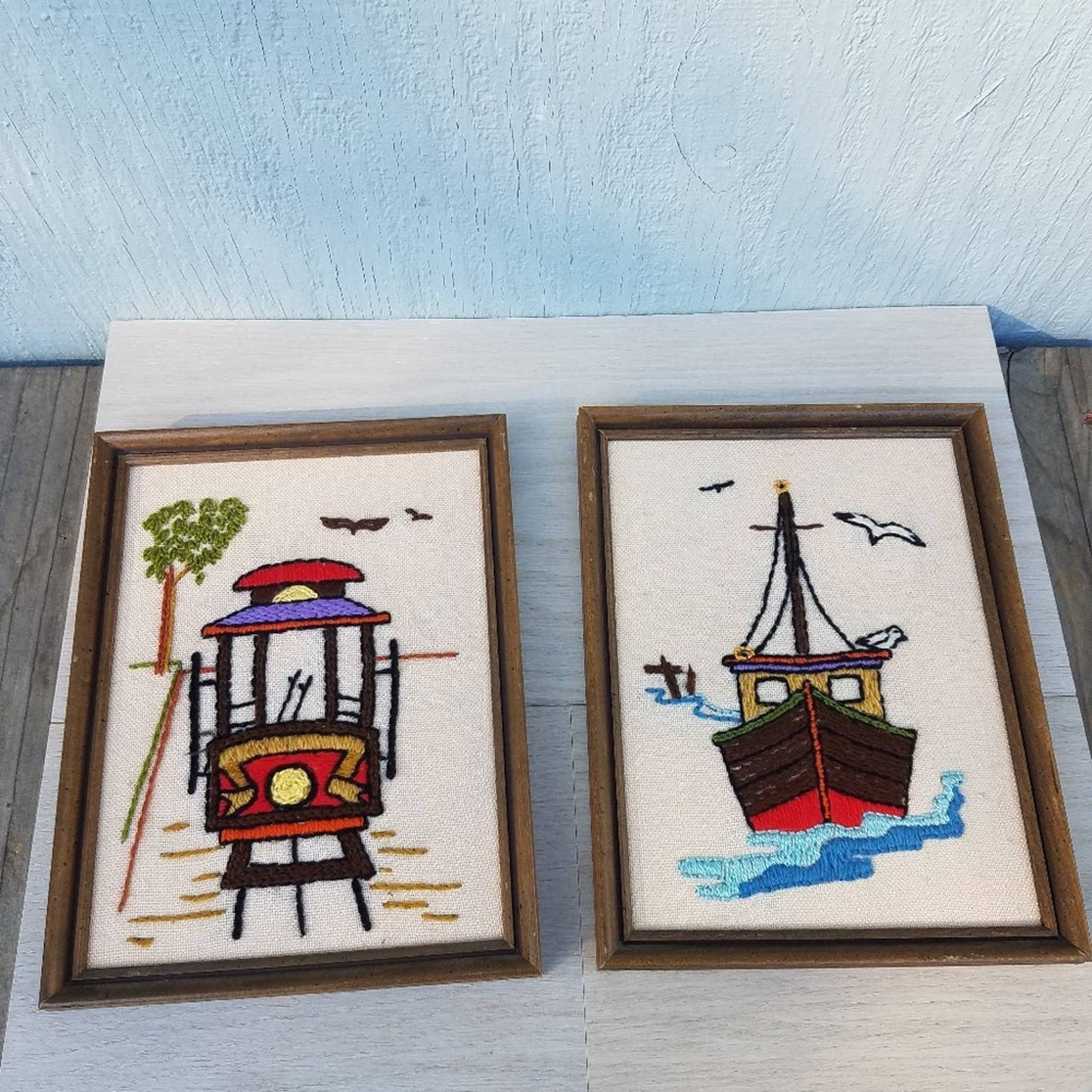 Vintage 70s Handmade Needlepoint Trolley & Boat