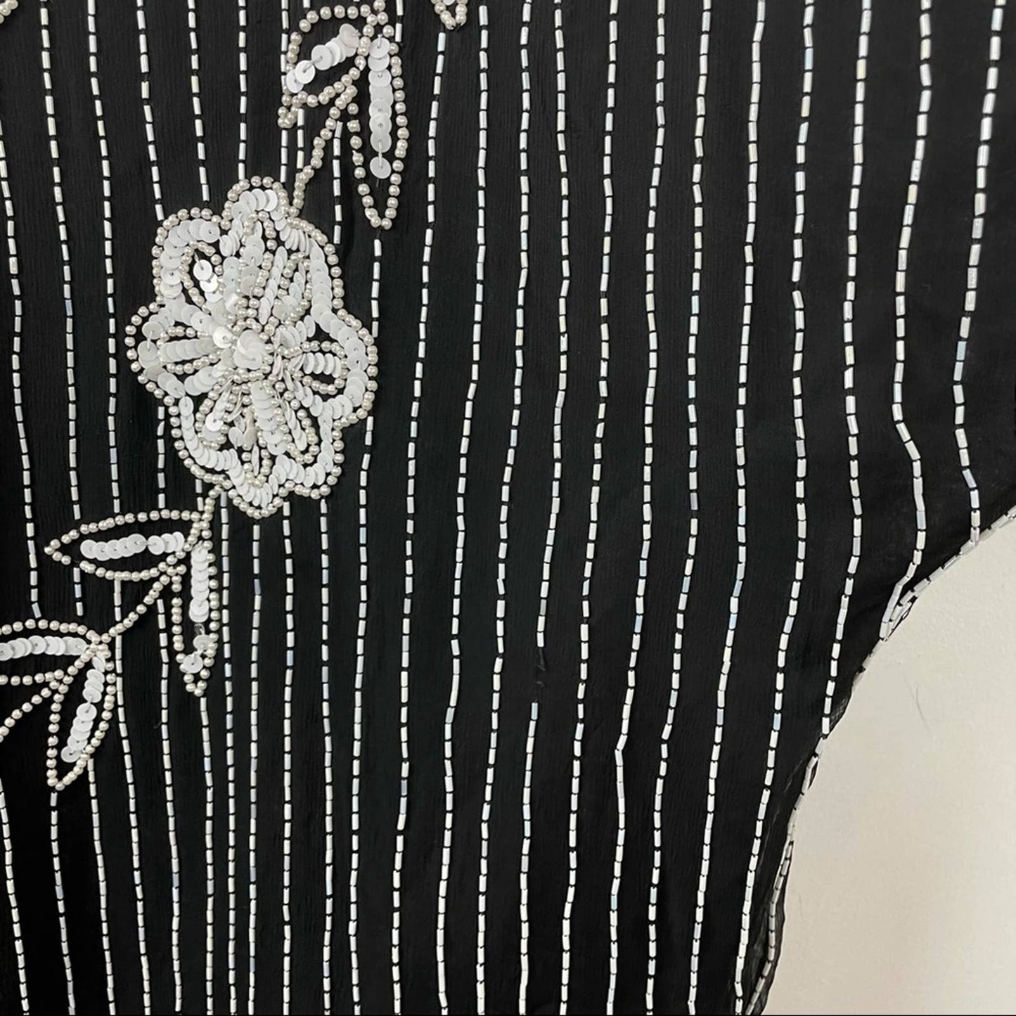 Vintage 100% Silk Beaded Floral Top Black & White