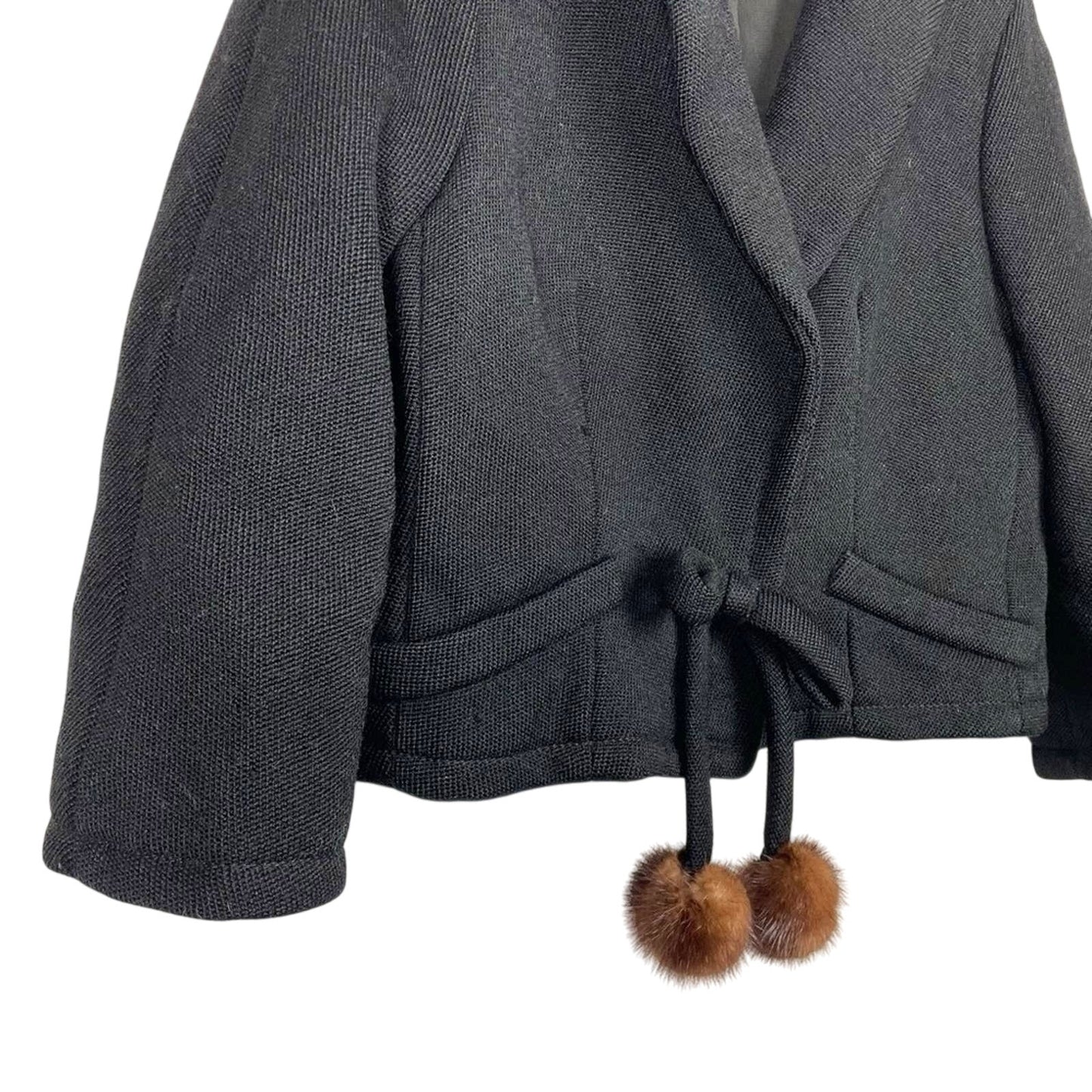 Vintage Black Wool Cardigan Jacket Fur Balls Bow Knit