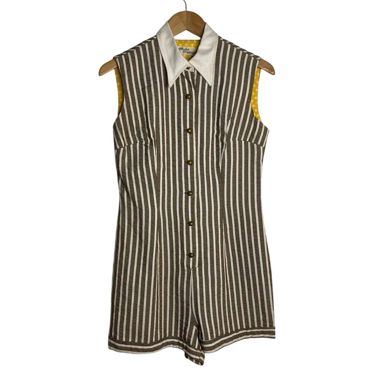 Sleeveless Brown & White Striped Button Romper with White Collar Vintage