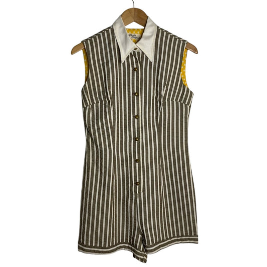 Sleeveless Brown & White Striped Button Romper with White Collar Vintage