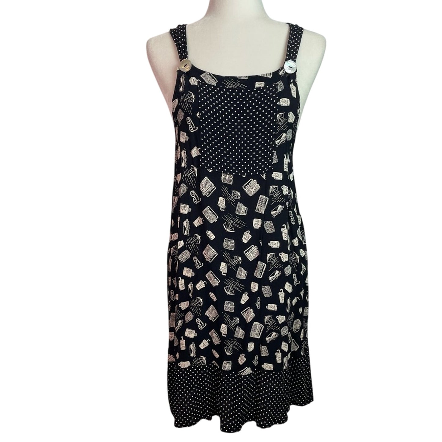 Vintage Black & White Patterned Dress Summer Beach Theme Rayon M
