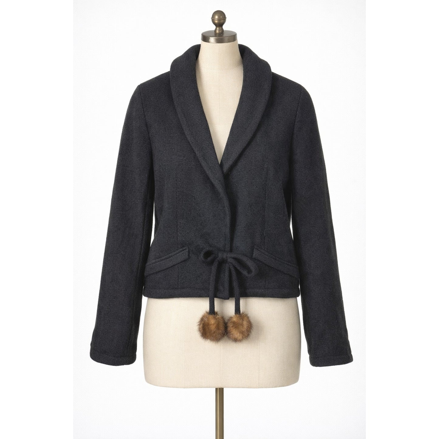 Vintage Black Wool Cardigan Jacket Fur Balls Bow Knit