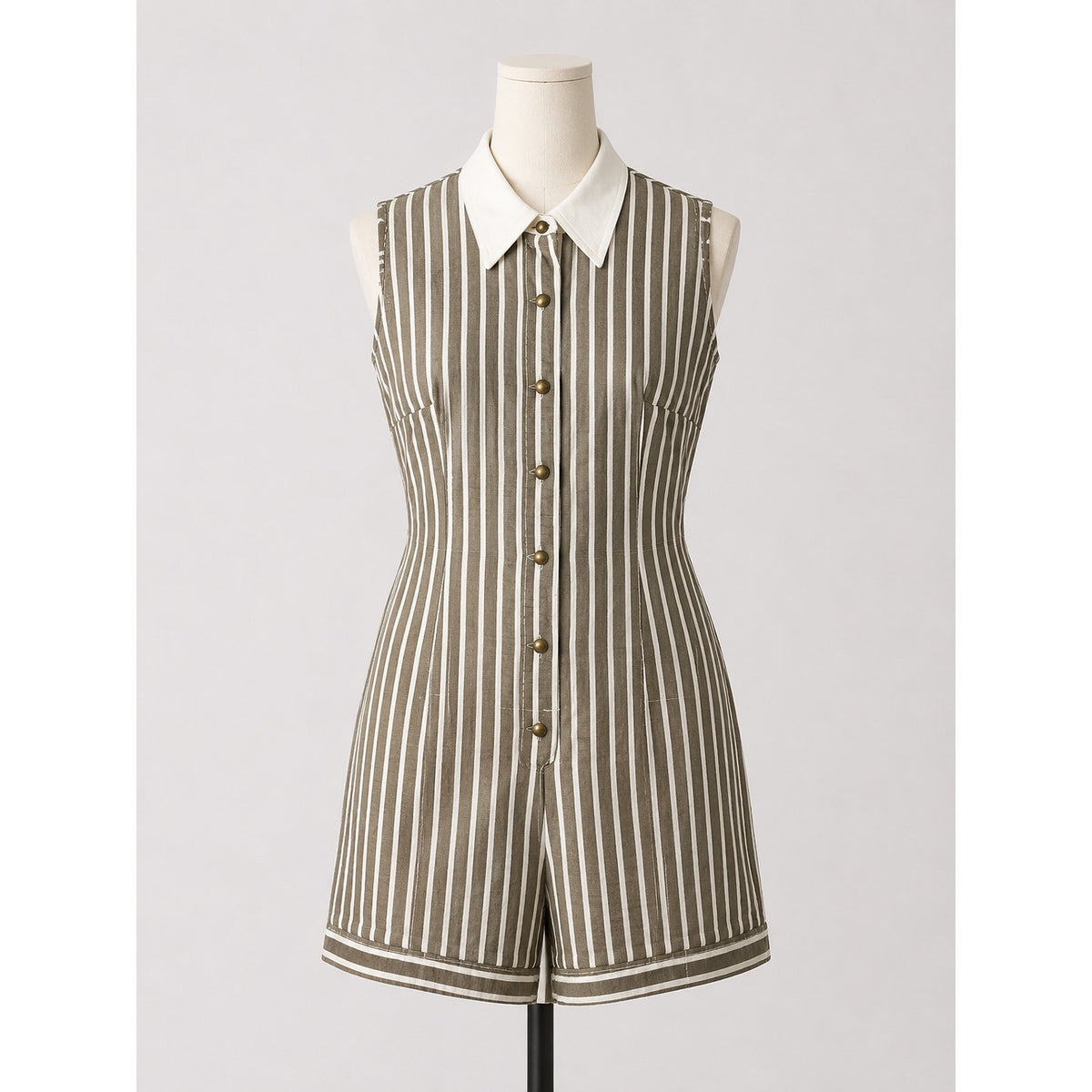 Sleeveless Brown & White Striped Button Romper with White Collar Vintage