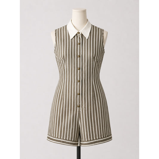 Sleeveless Brown & White Striped Button Romper with White Collar Vintage