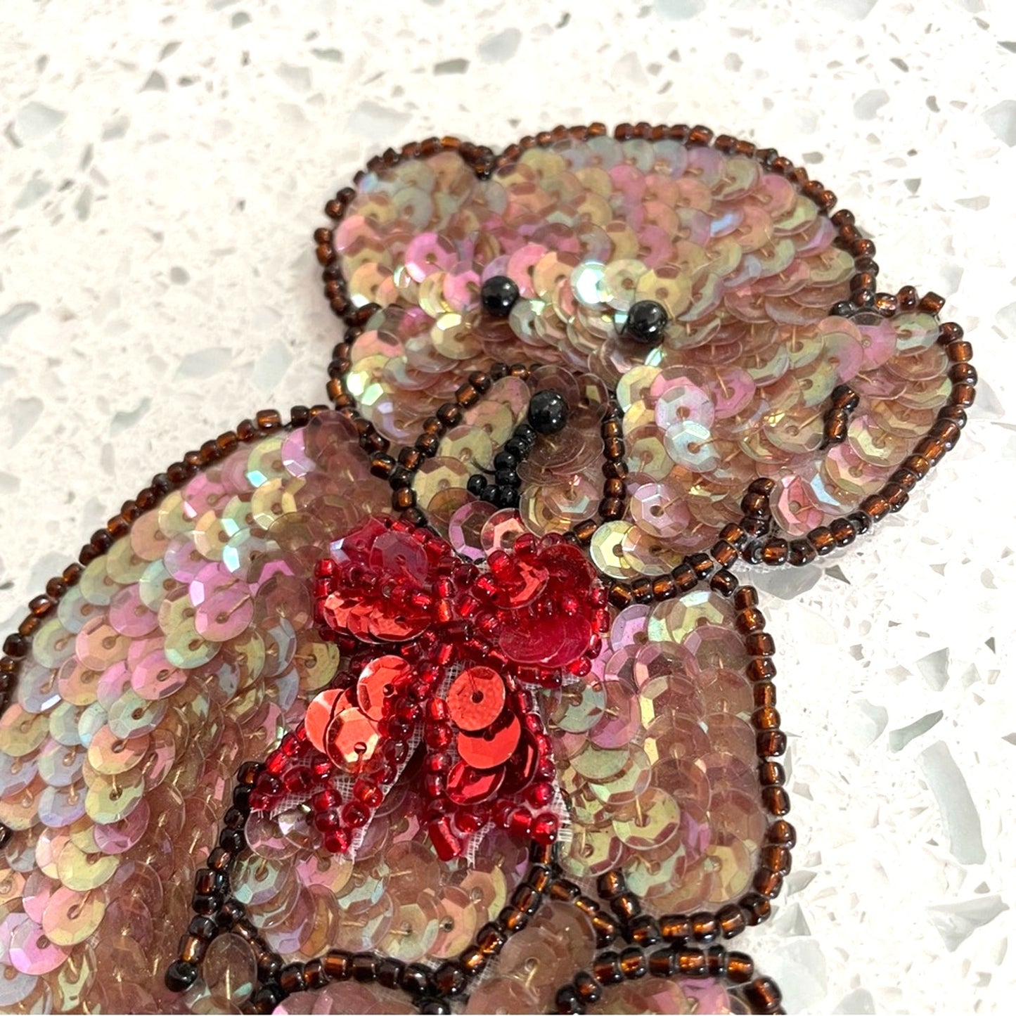 Vintage Teddy Bear Sequin Patch Brown Red Bow Small Baby