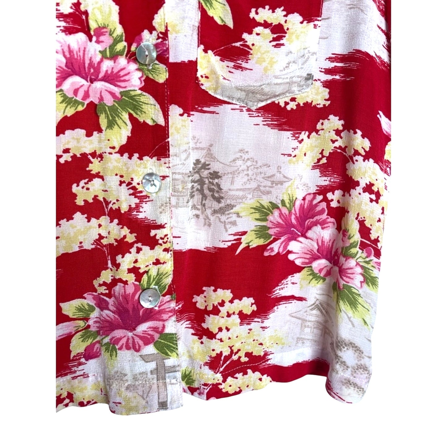 Floral Red Short-Sleeve Hawaiian Button-Up Women's Top Rayon Vintage