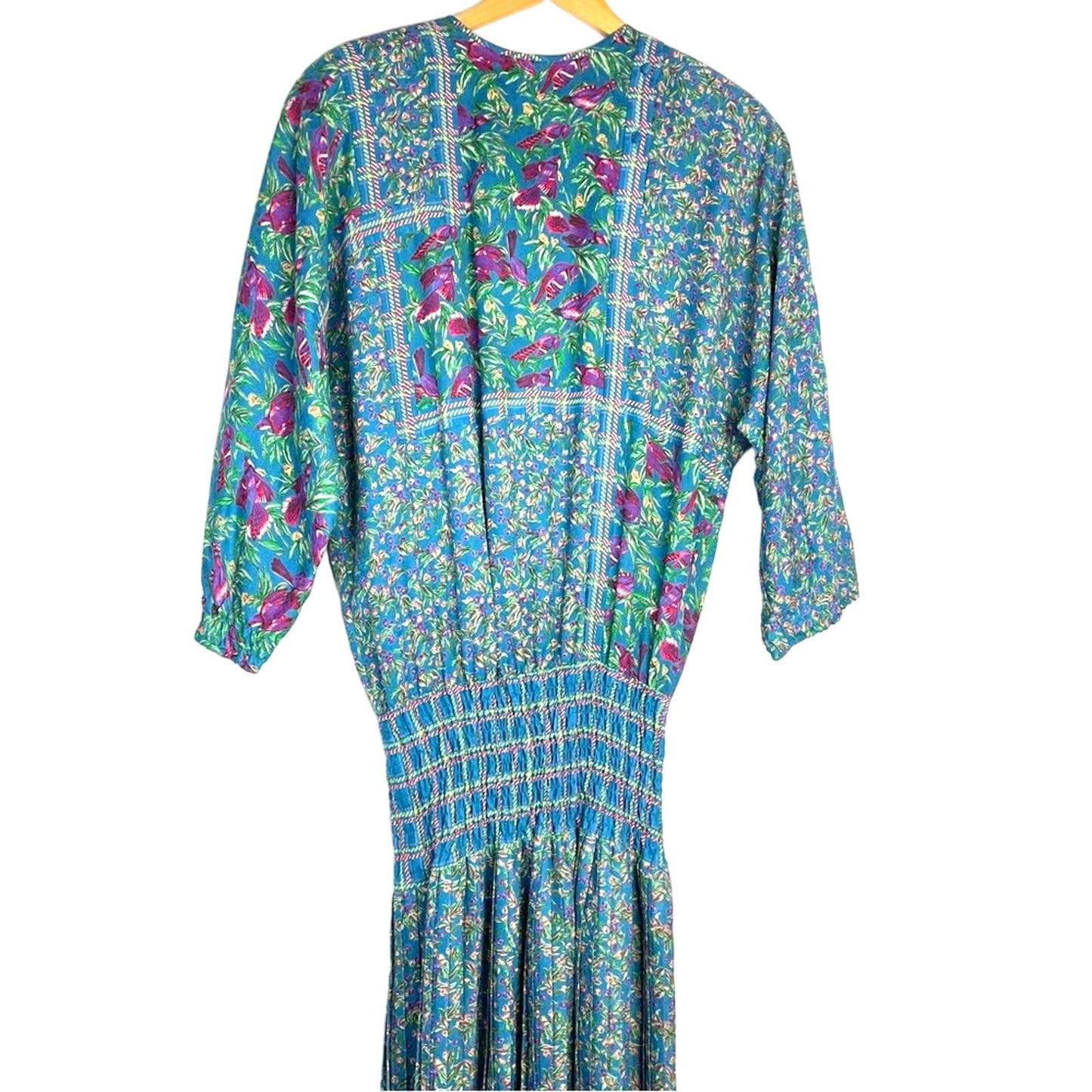 Vintage | Diane Freis Dress Blue Floral and Bird Pattern