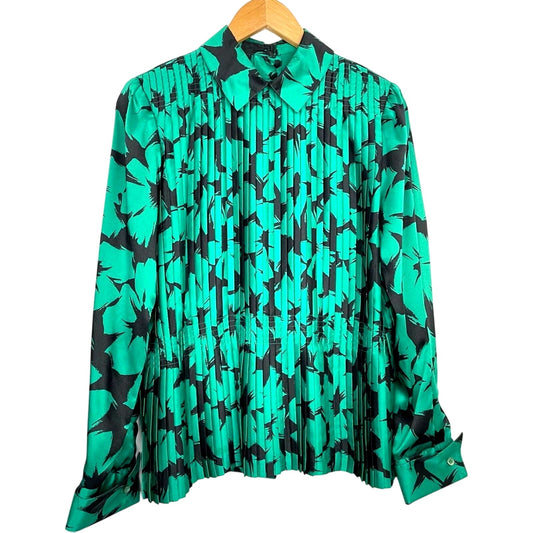 Vintage | Green & Black Blouse Button Down Back Pleated Floral Top Silky