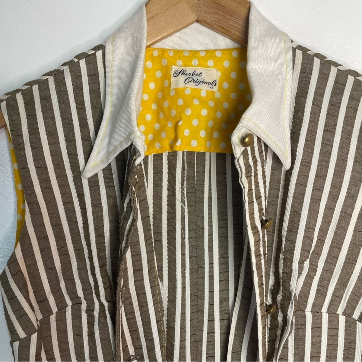 Sleeveless Brown & White Striped Button Romper with White Collar Vintage