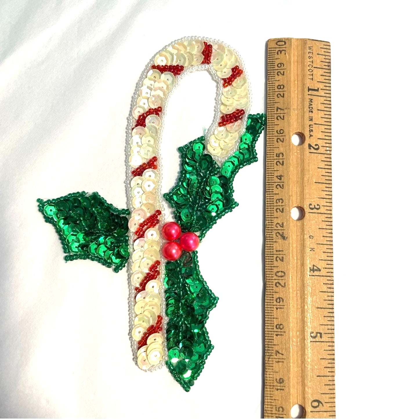 Festive Candy Cane Patch Embellishment with Green Leaves Sequins Christmas