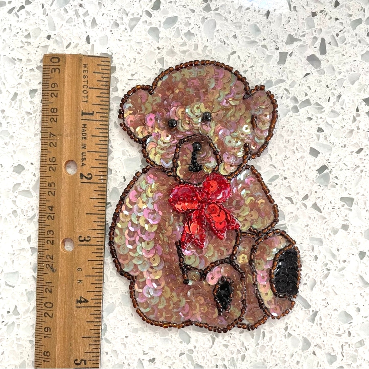 Vintage Teddy Bear Sequin Patch Brown Red Bow Small Baby