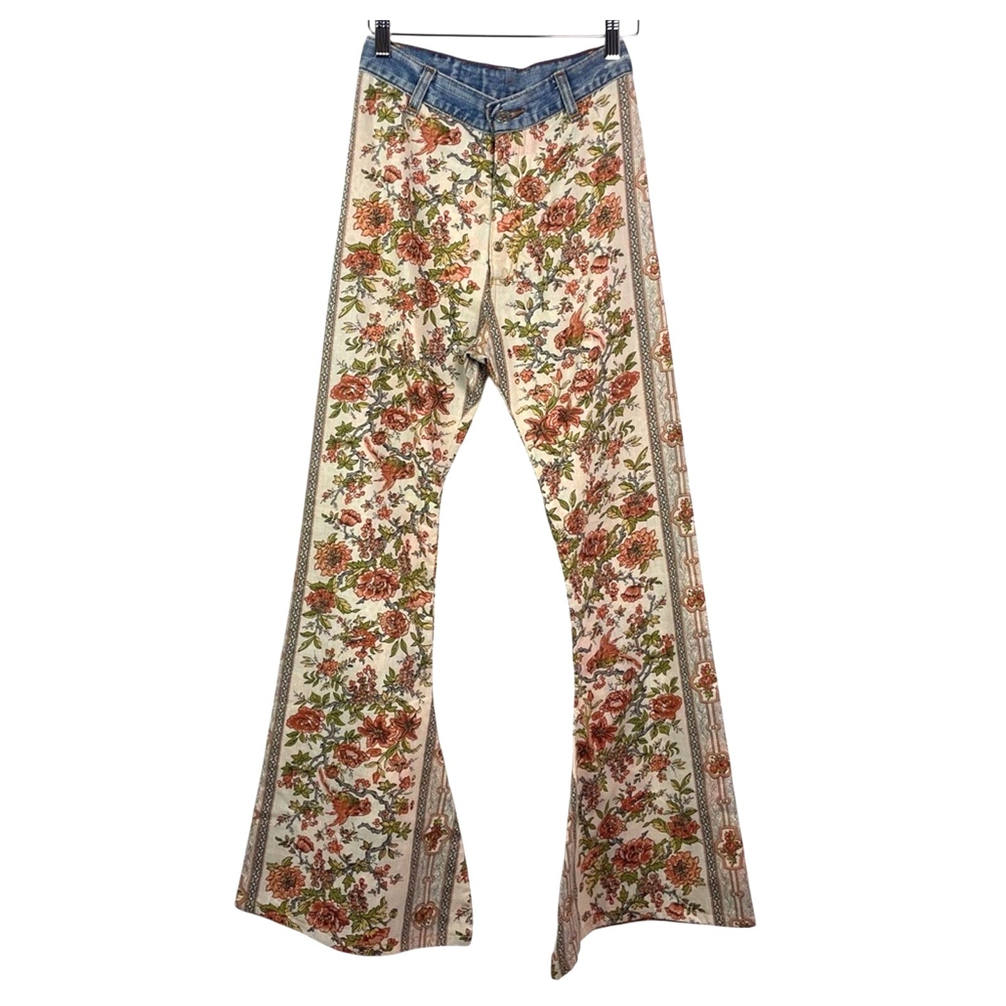 Vintage Handmade Bell Bottoms Floral Print Orange Flowers 25