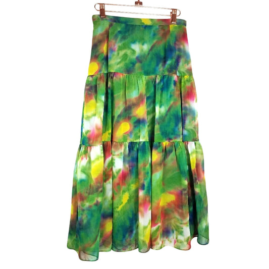 Vintage Watercolor Maxi Skirt | Tiered Green Pink Tie Dye Boho Festival Skirt Size 2