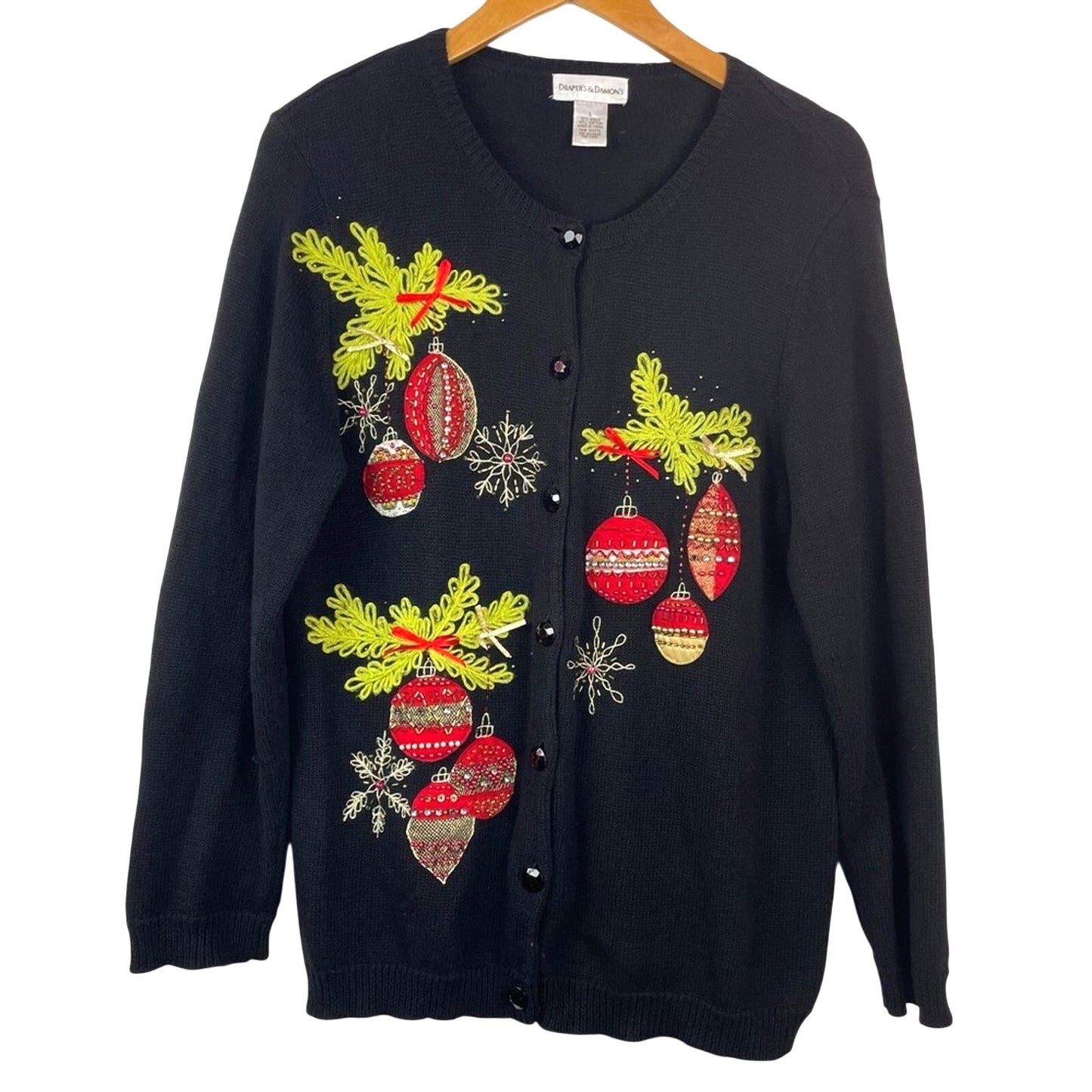 Holiday Black Sweater Festive Ornaments Christmas Sweater Cardigan Vintage Large