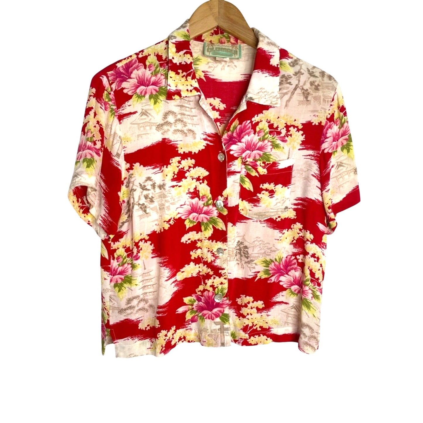Floral Red Short-Sleeve Hawaiian Button-Up Women's Top Rayon Vintage