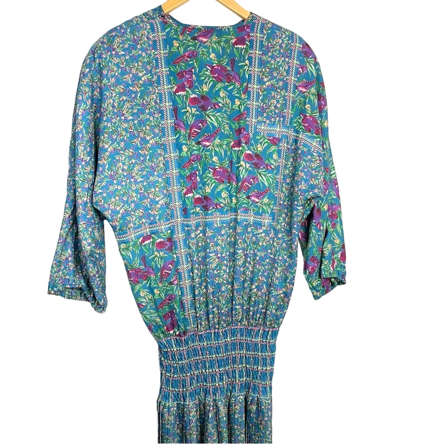 Vintage | Diane Freis Dress Blue Floral and Bird Pattern