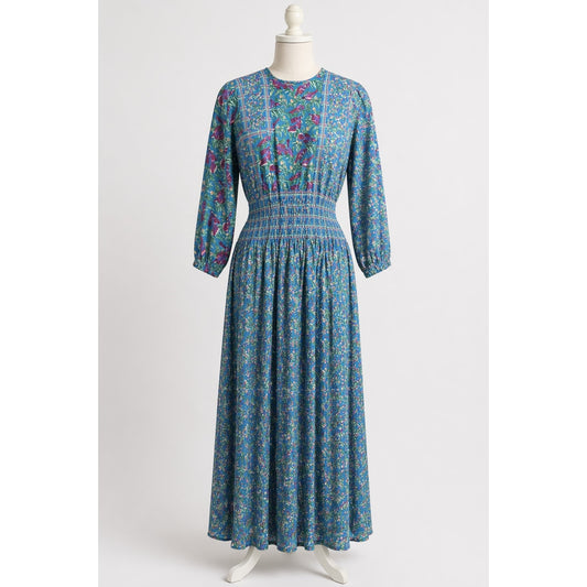 Vintage | Diane Freis Dress Blue Floral and Bird Pattern