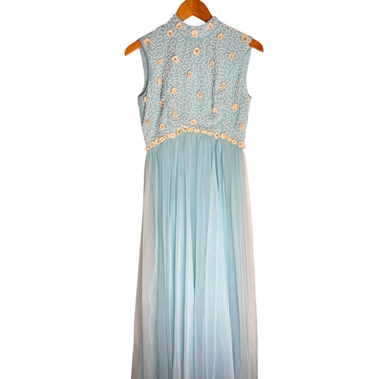 Vintage Light Blue Embroidered Tulle Dress 1950s Formal Beaded Handmade