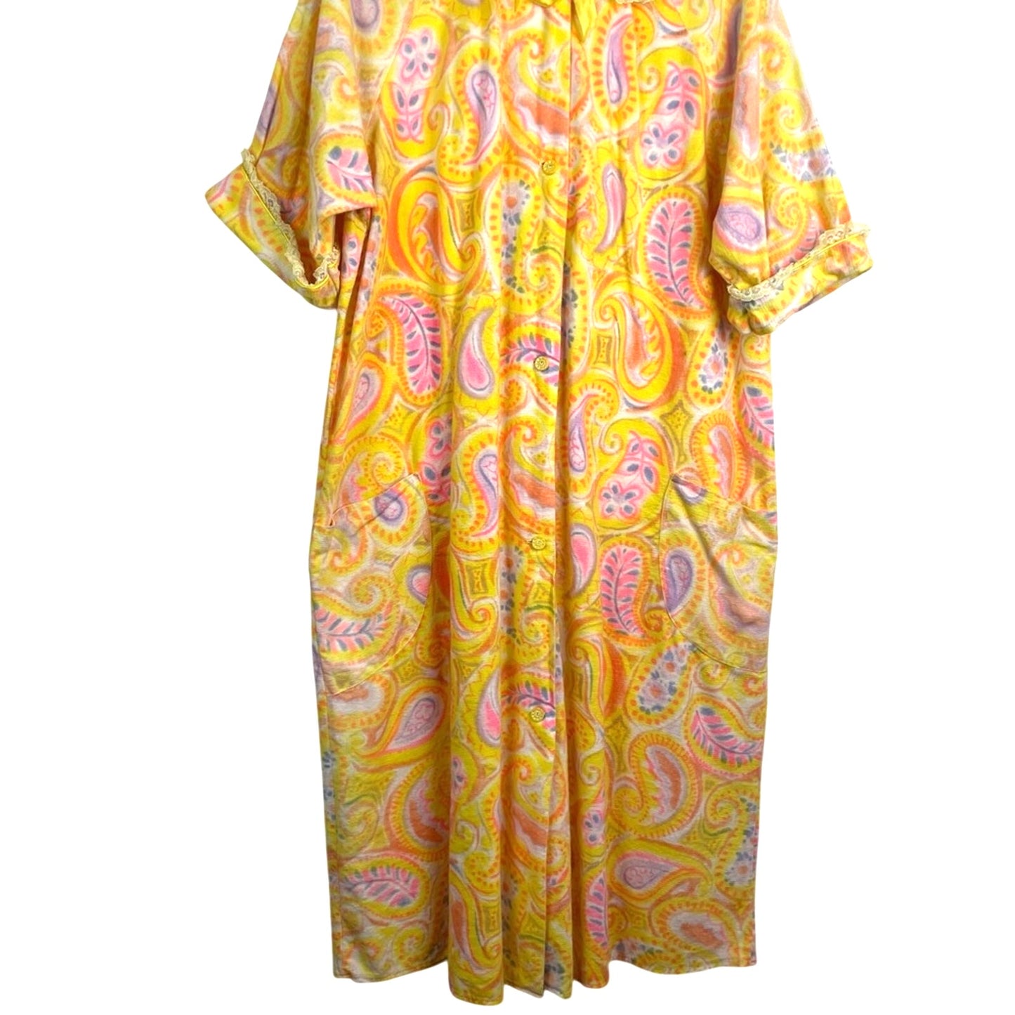 Vintage Flannel Paisley Robe Yellow Pink Nightgown
