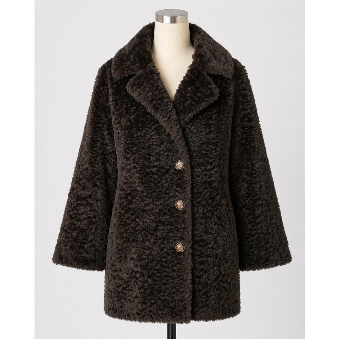 Vintage Faux Fur Coat Brown Sun Buttons 1960s
