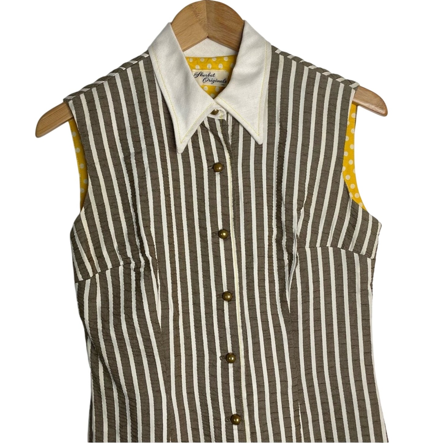 Sleeveless Brown & White Striped Button Romper with White Collar Vintage