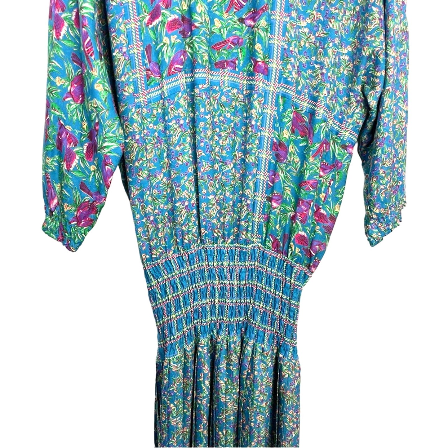 Vintage | Diane Freis Dress Blue Floral and Bird Pattern
