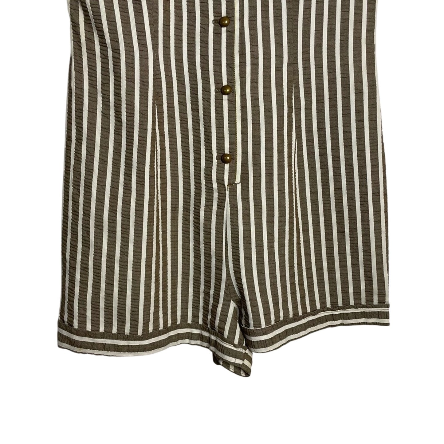 Sleeveless Brown & White Striped Button Romper with White Collar Vintage