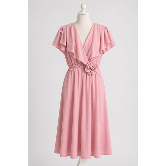 Vintage | 70s Pink Draped Dress Grecian Style Movable Flower