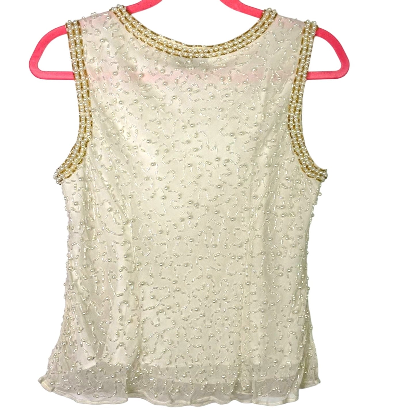 Vintage Silk Beaded Pearls Blouse Tank Top White Gold Sparkle