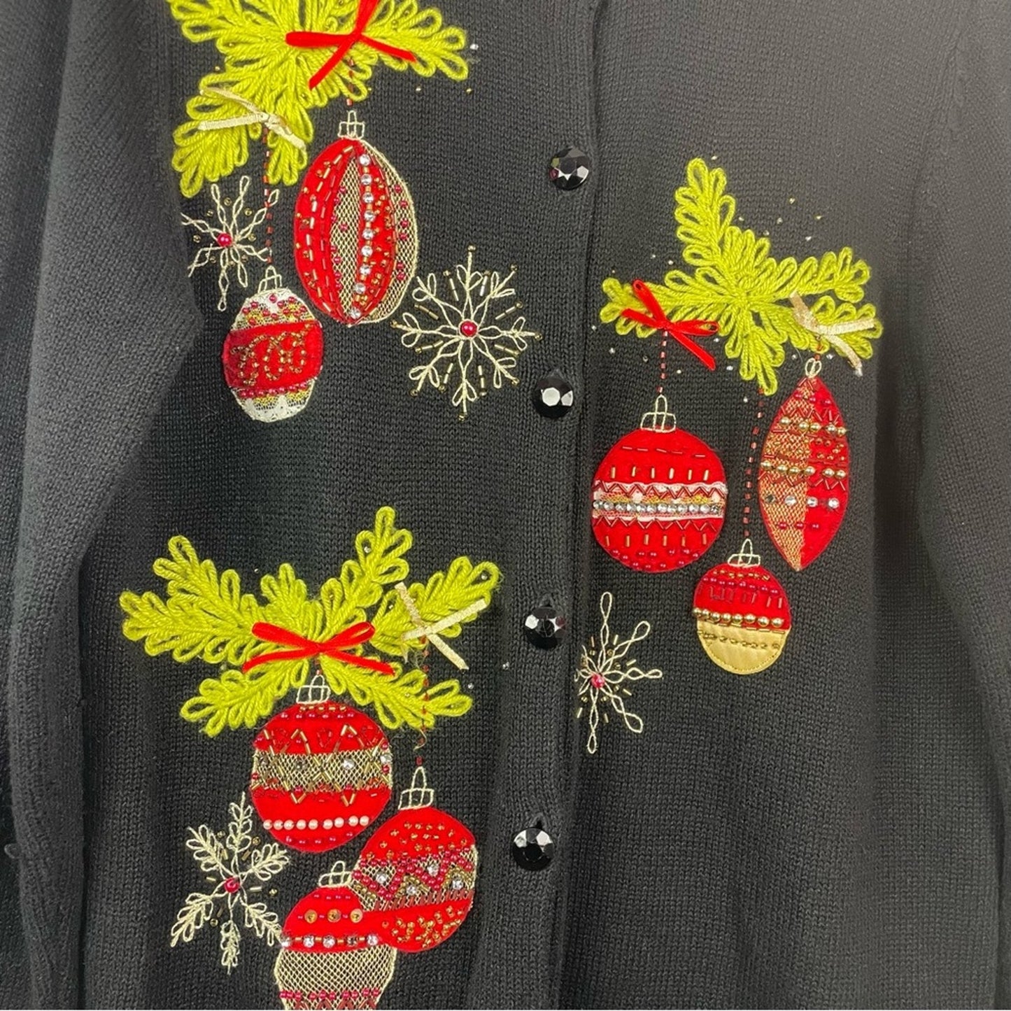 Holiday Black Sweater Festive Ornaments Christmas Sweater Cardigan Vintage Large
