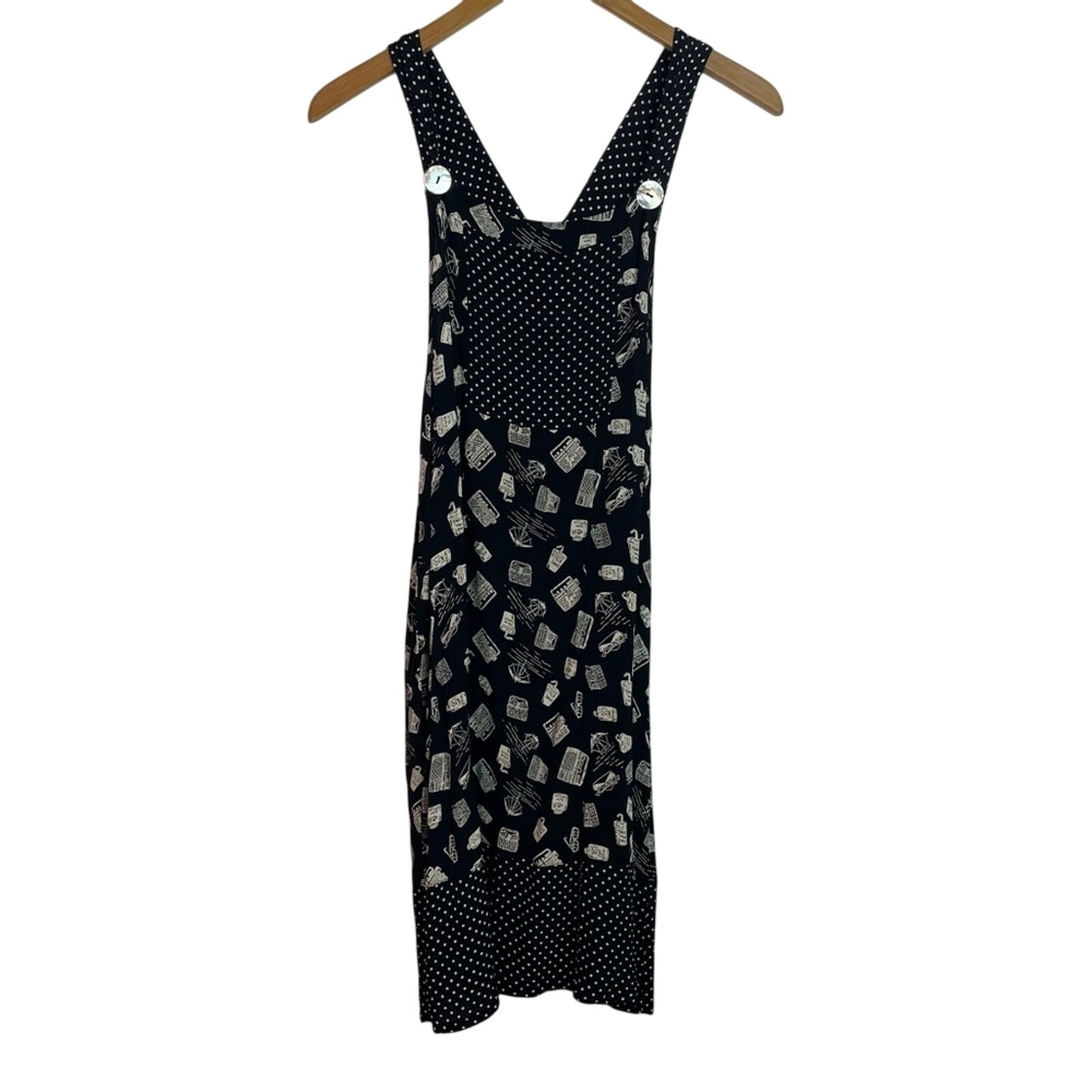 Vintage Black & White Patterned Dress Summer Beach Theme Rayon M