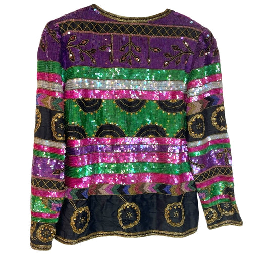 Colorful Sequin Jacket Beaded Vintage Pink Green Pink Black Silk Large