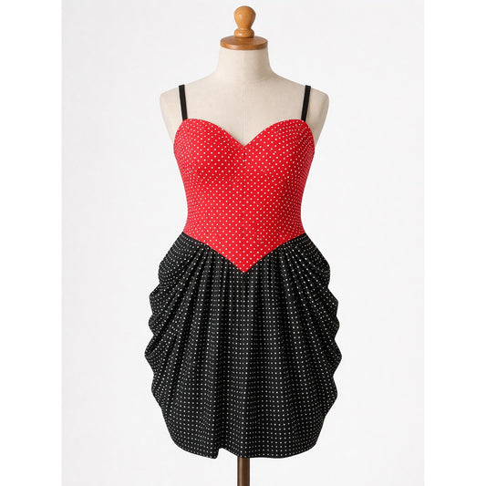 Vintage | Red & Black Polka Dot Dress Bustle Skirt 1980s Mini Mouse