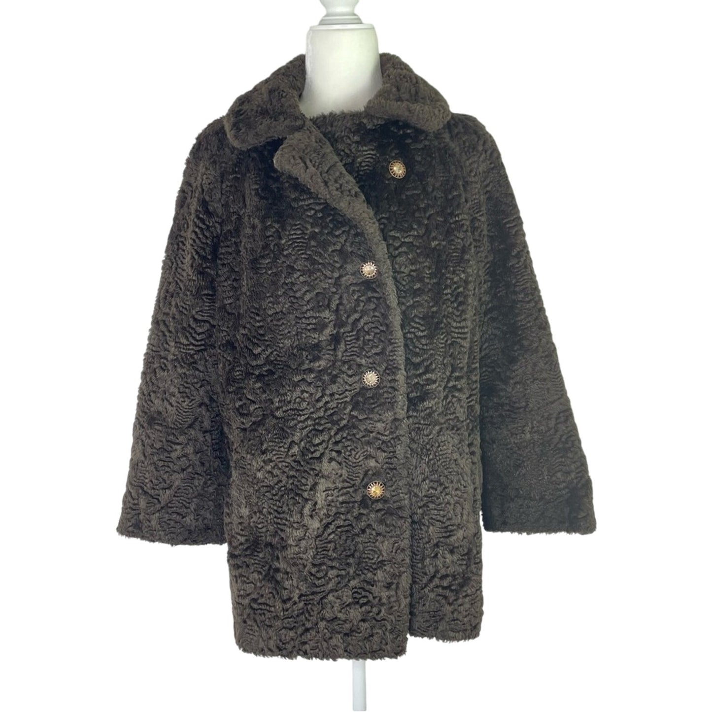 Vintage Faux Fur Coat Brown Sun Buttons 1960s
