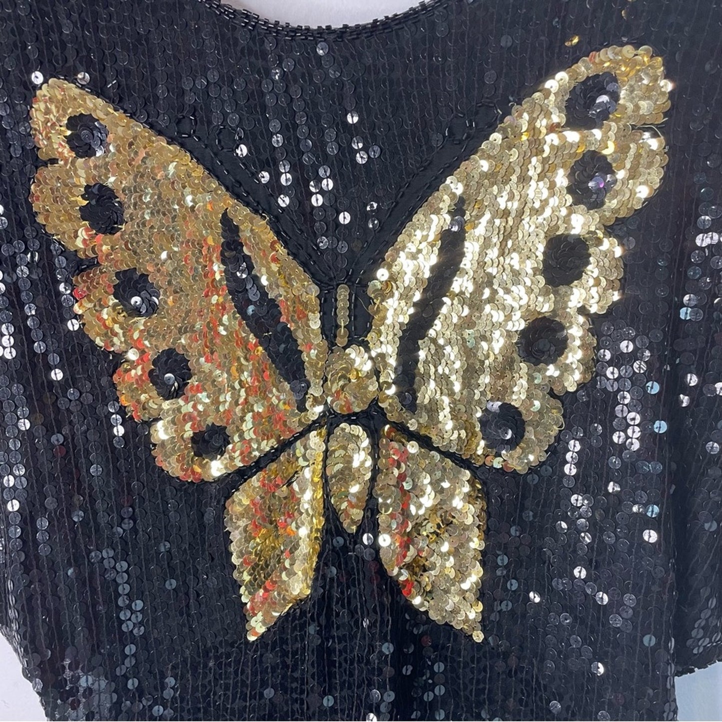 Sequin Butterfly Top Beaded Vintage 70/80s Glam Sparkle Silk