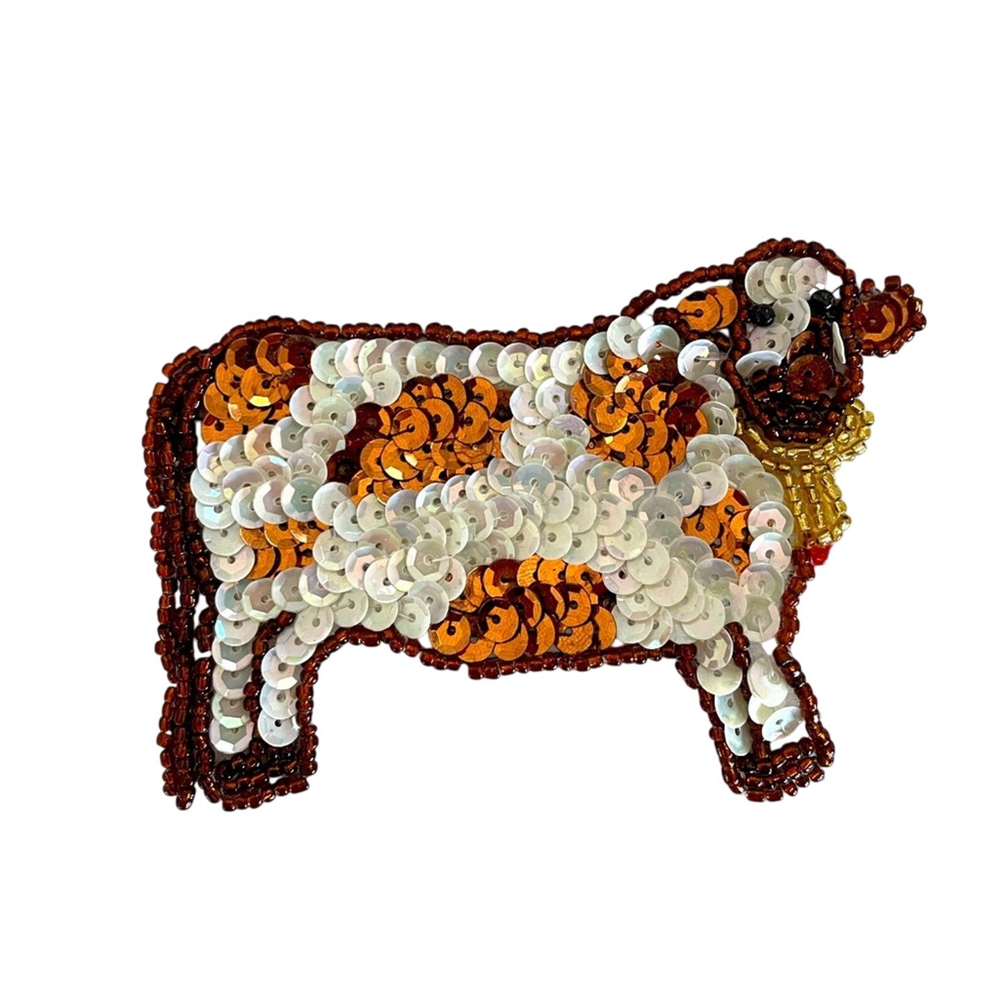 Vintage Brown Cow Pin Sequin Beaded Patch