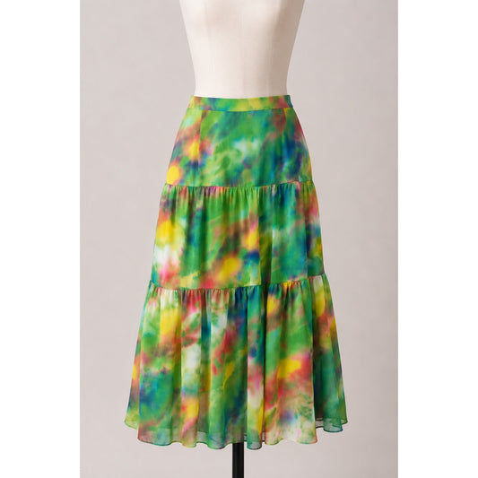Vintage Maxi Skirt Tiered Green Tie Dye Boho Festival Skirt XS 2 Watercolor