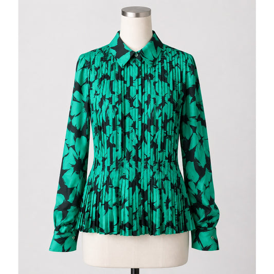 Vintage | Green & Black Blouse Button Down Back Pleated Floral Top Silky