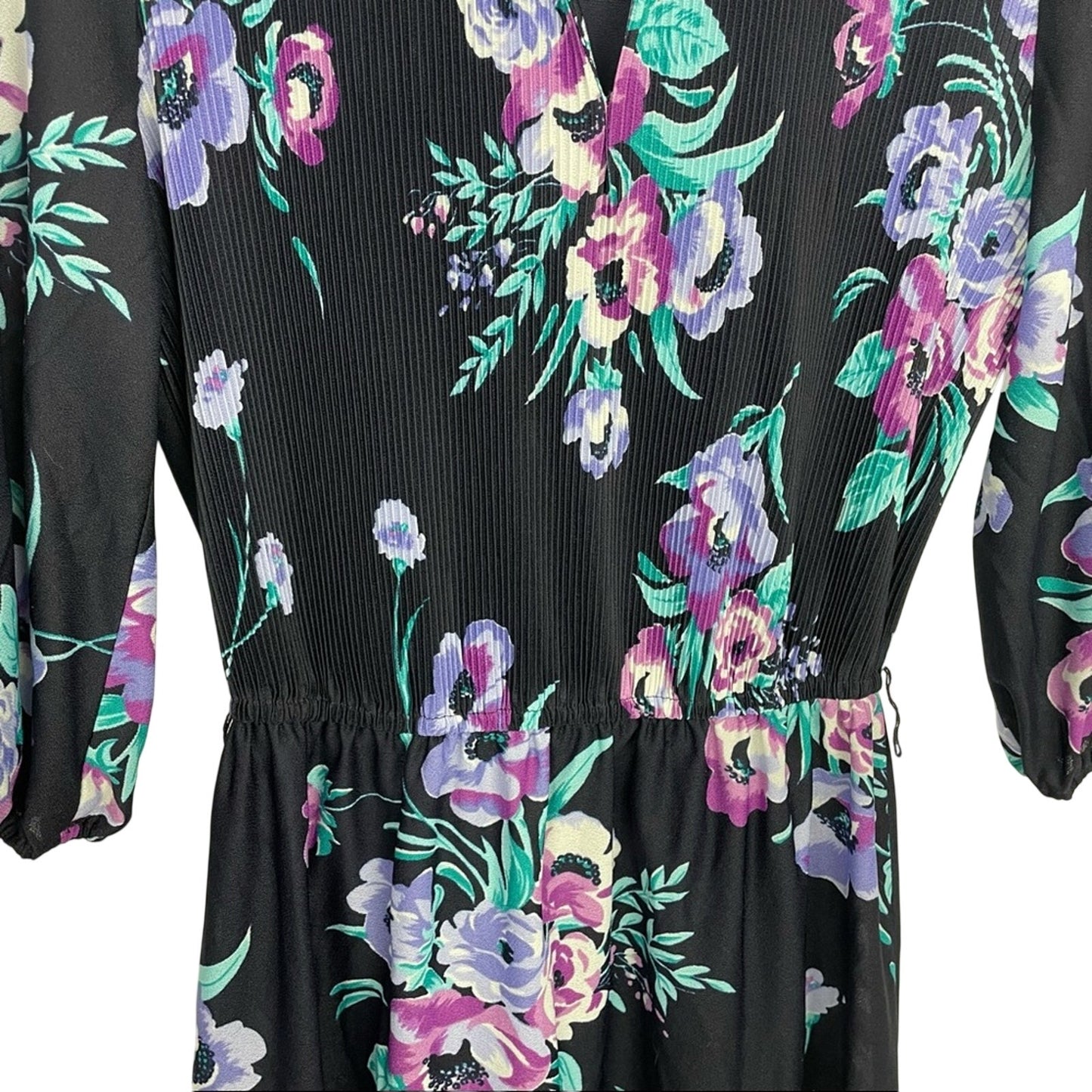 Vintage Floral Dress 1970s California Black Purple Small