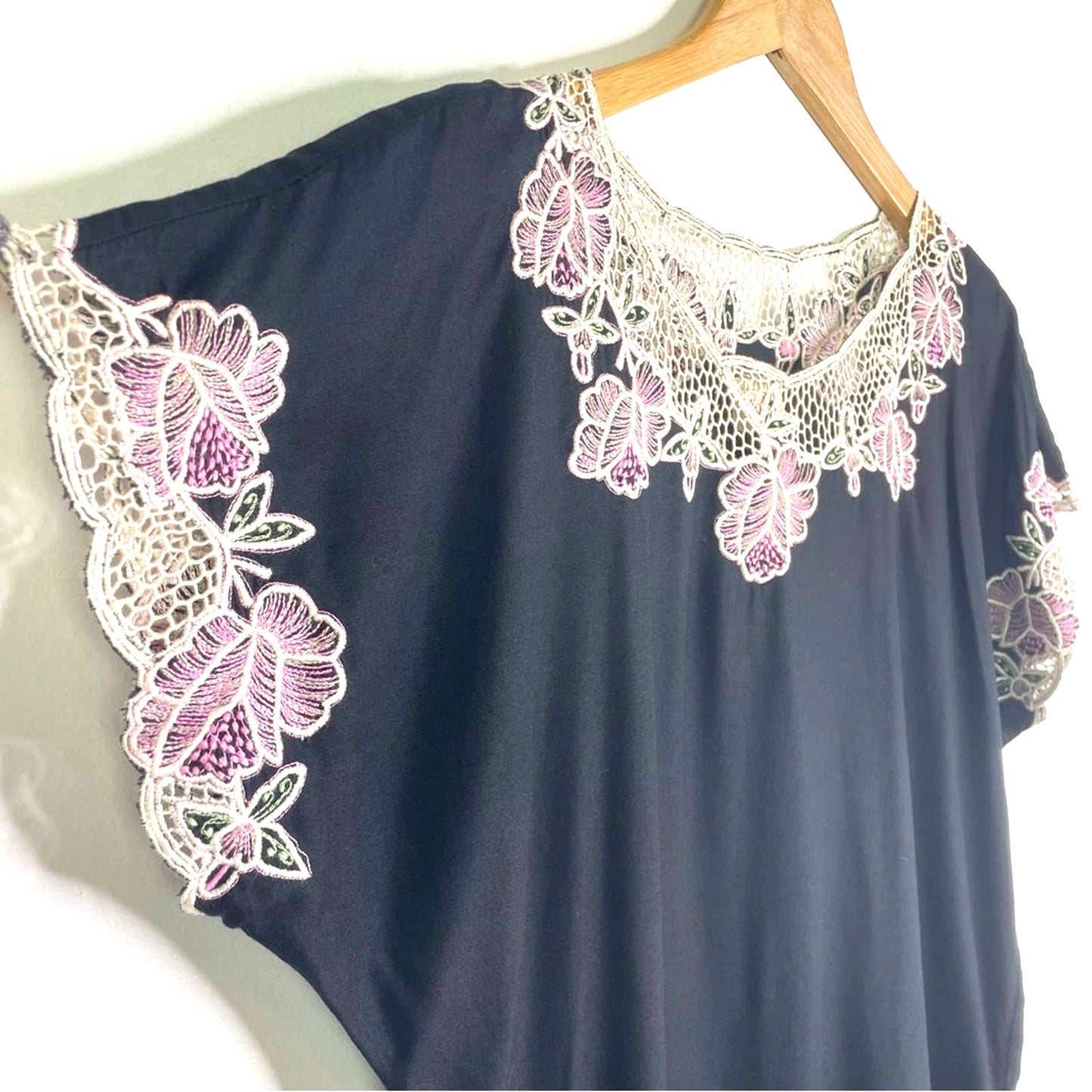 Vintage Embroidered Black Dress  White Floral Lace Rayon Dress Pink Green