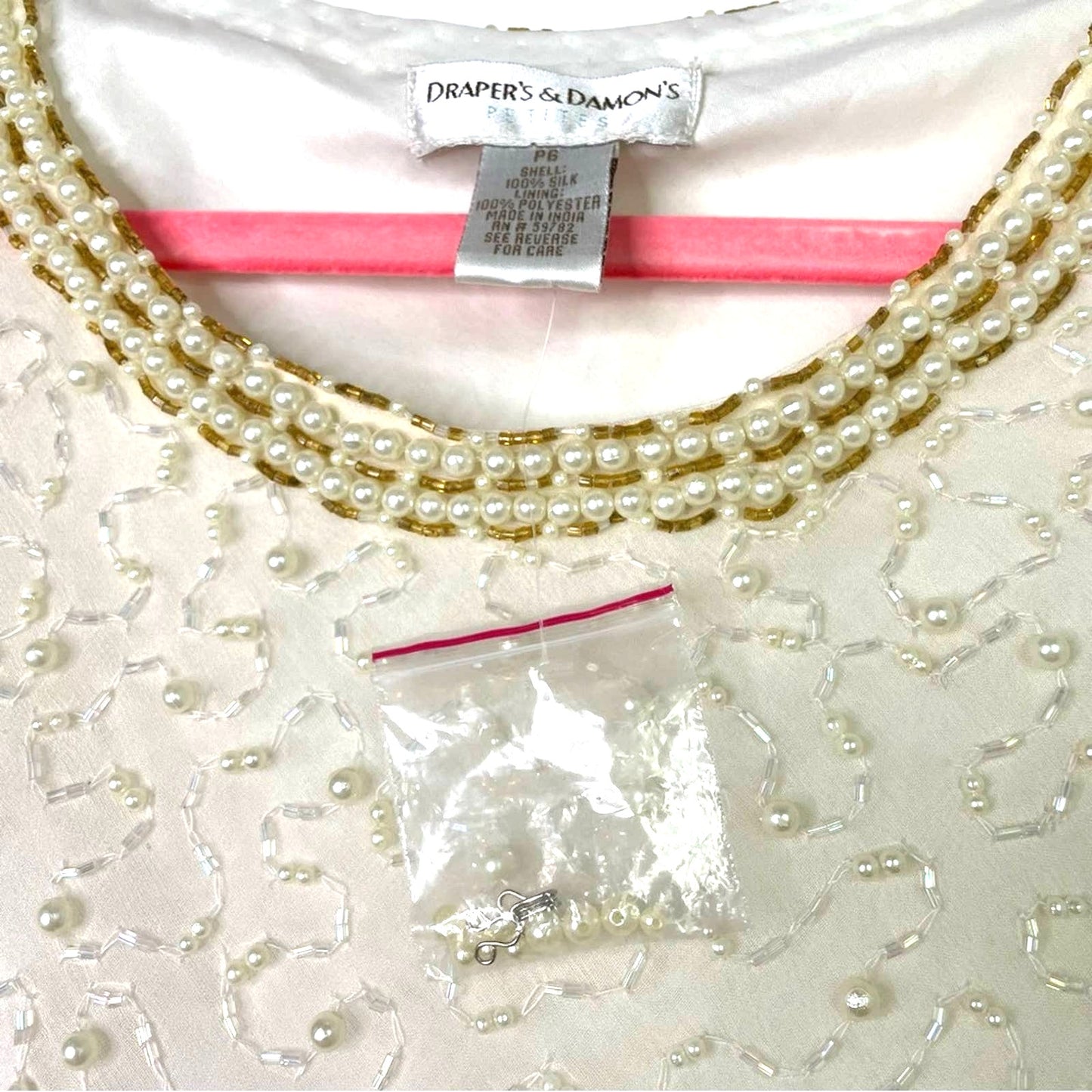 Vintage Silk Beaded Pearls Blouse Tank Top White Gold Sparkle