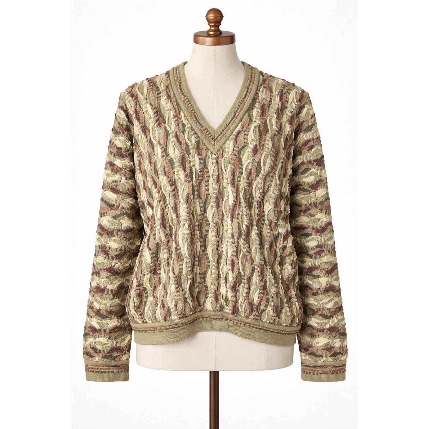 Coogi | Knit Sweater Tan Green Chunky Knit 3 D Pattern XL