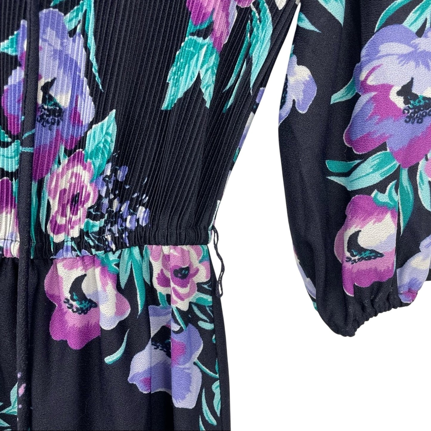 Vintage Floral Dress 1970s California Black Purple Small