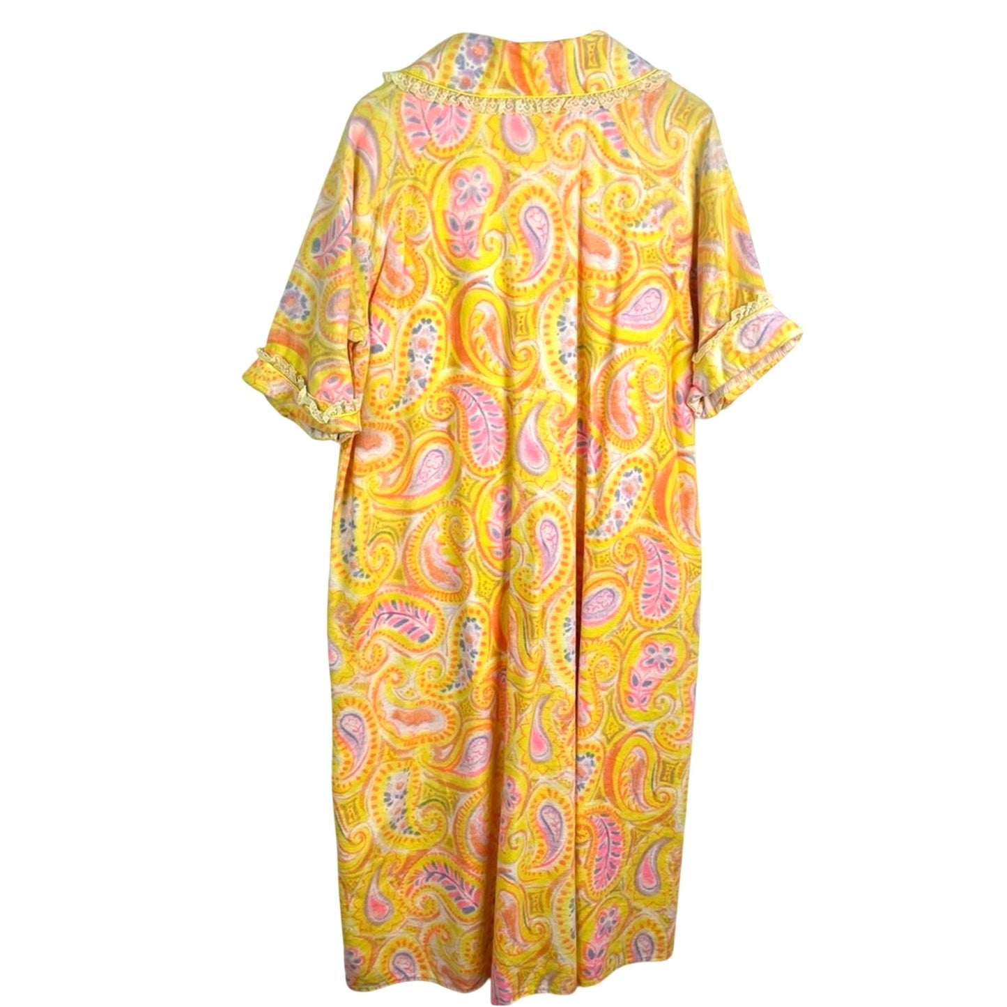 Vintage Flannel Paisley Robe Yellow Pink Nightgown
